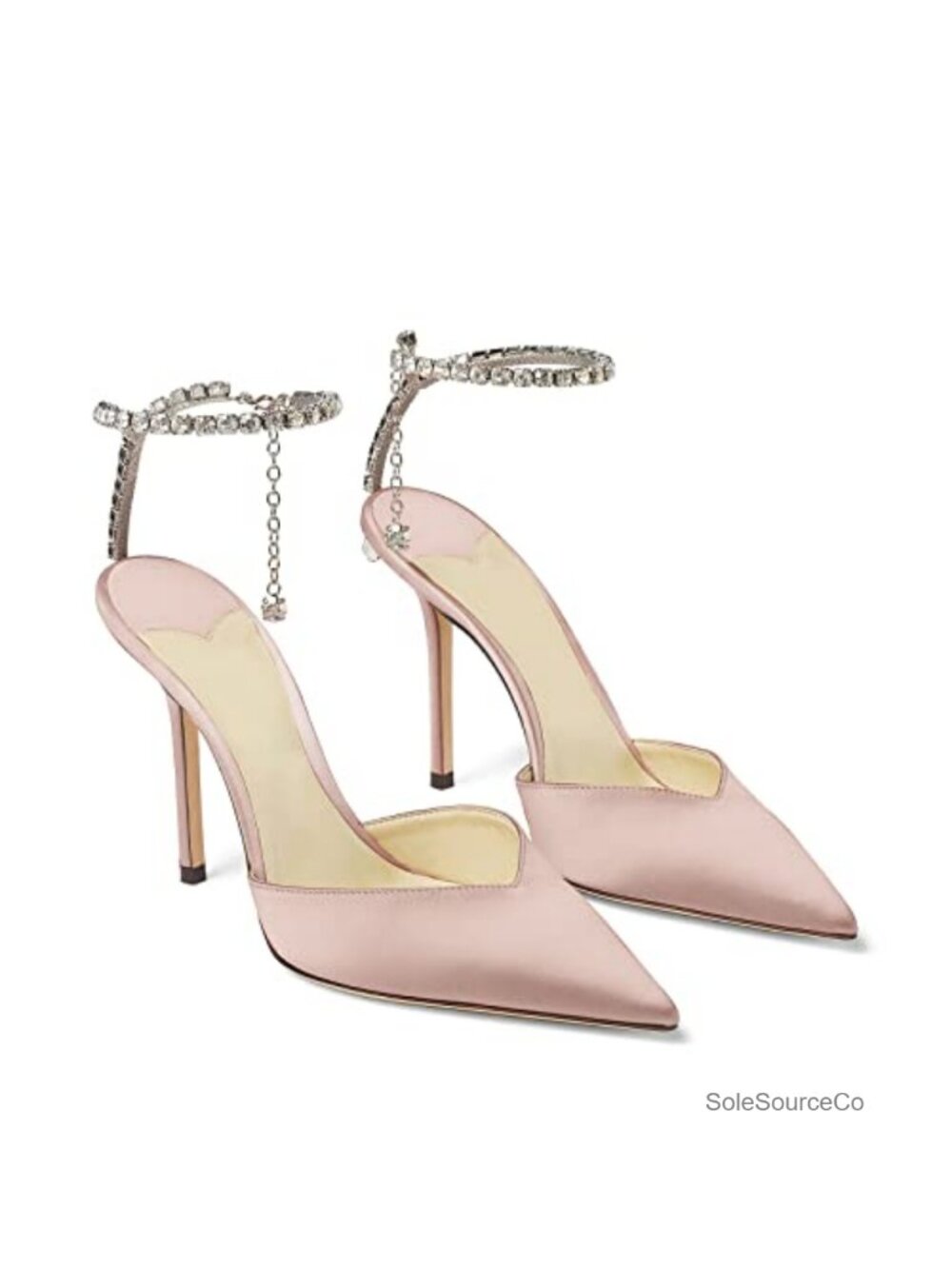 Crystal Chain Ankle Strap Satin Stiletto Heels, Pointed Toe Slip On Wedding